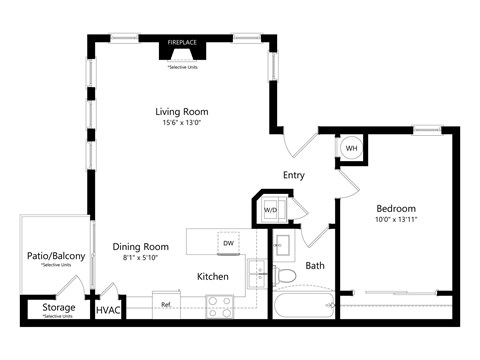 Floor plan for 1 bed, 1 bath, 669 sqft